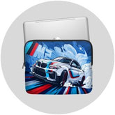Car-themed laptop sleeve with BMW logo on a white background